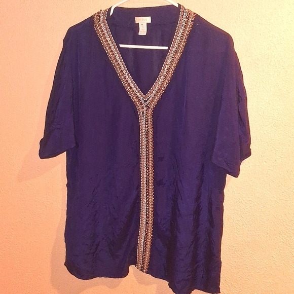 Chico Purple/Blue beaded Embroidered Short Sleeve top size 1/M - Picture 1 of 6